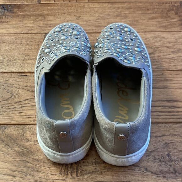 SAM Edelman Paven Embellished Studded Slip-On Sneakers in Taupe Suede Size 6 - Picture 9 of 10